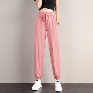 Women Ice Silk Drawstring Pants Loose Cool Casual Long Pants Plus Size  Trousers