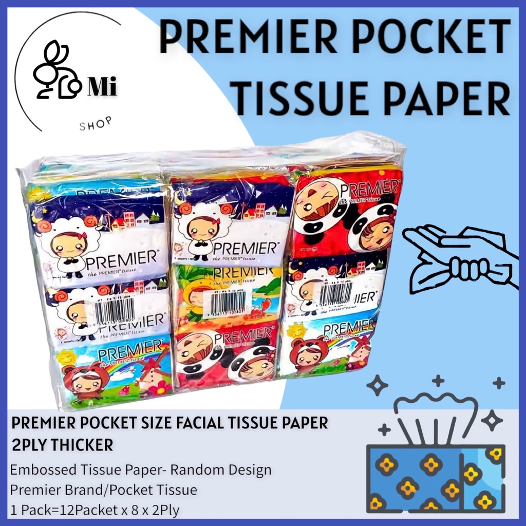 (8 Sheets x 1 pack) PREMIER Pocket Size Facial Tissue Paper 2 ply