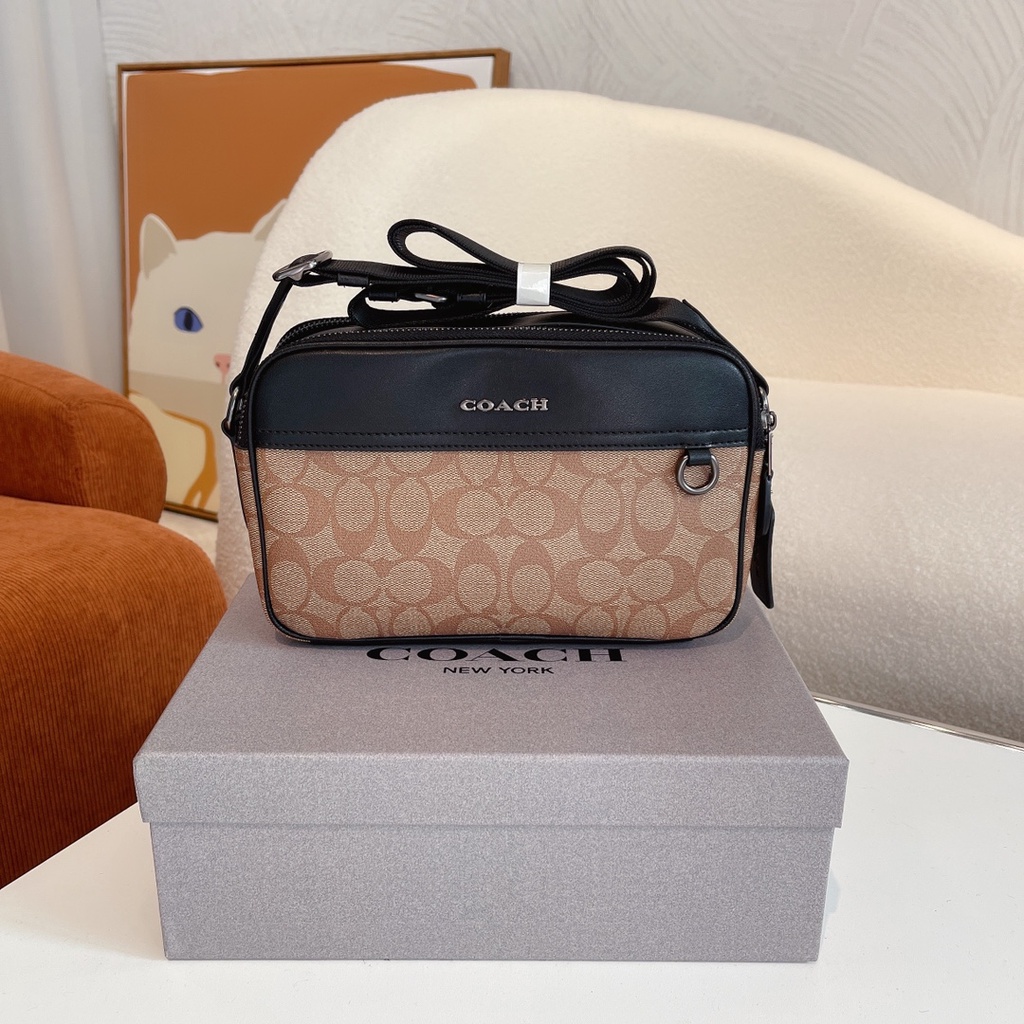 Spot goods coach sling bag men leather Cross Body Bags Double Zipper