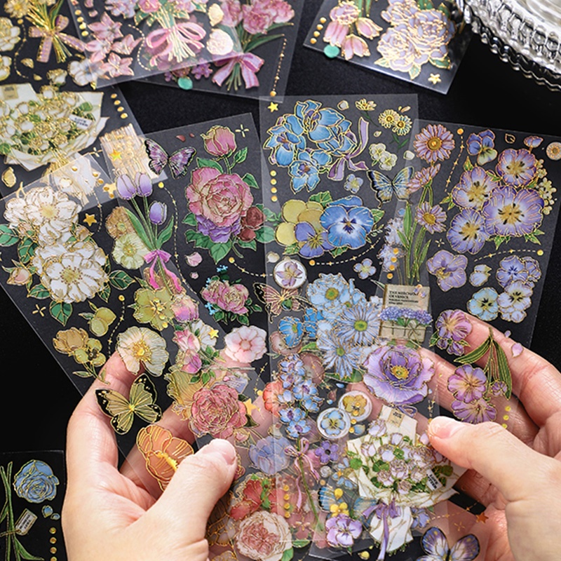 3 Sheets 3D Bronzing Dazzling Flowers Series Stickers Transparent PET ...