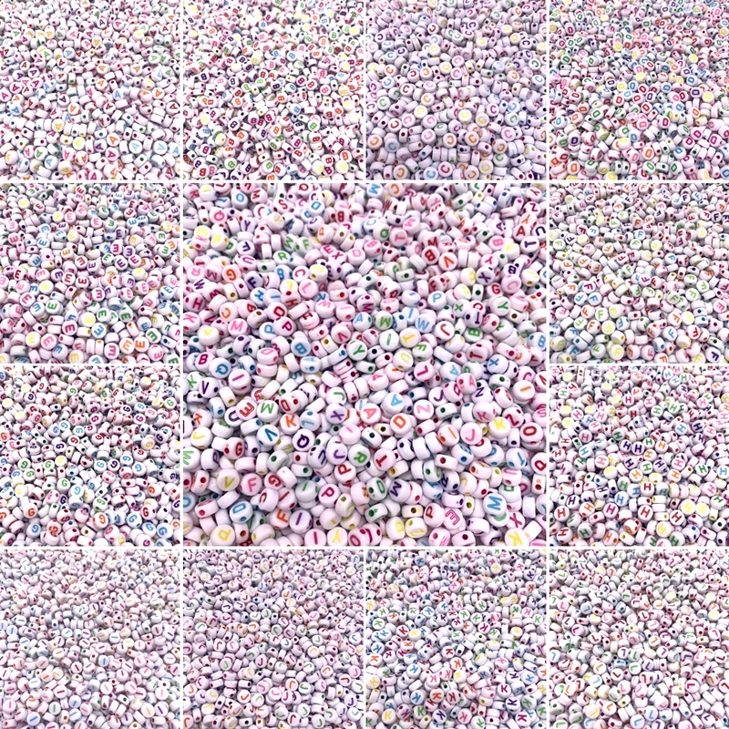 100Pcs 4*7mm Flat Round Letter Beads White Background Color Words 26