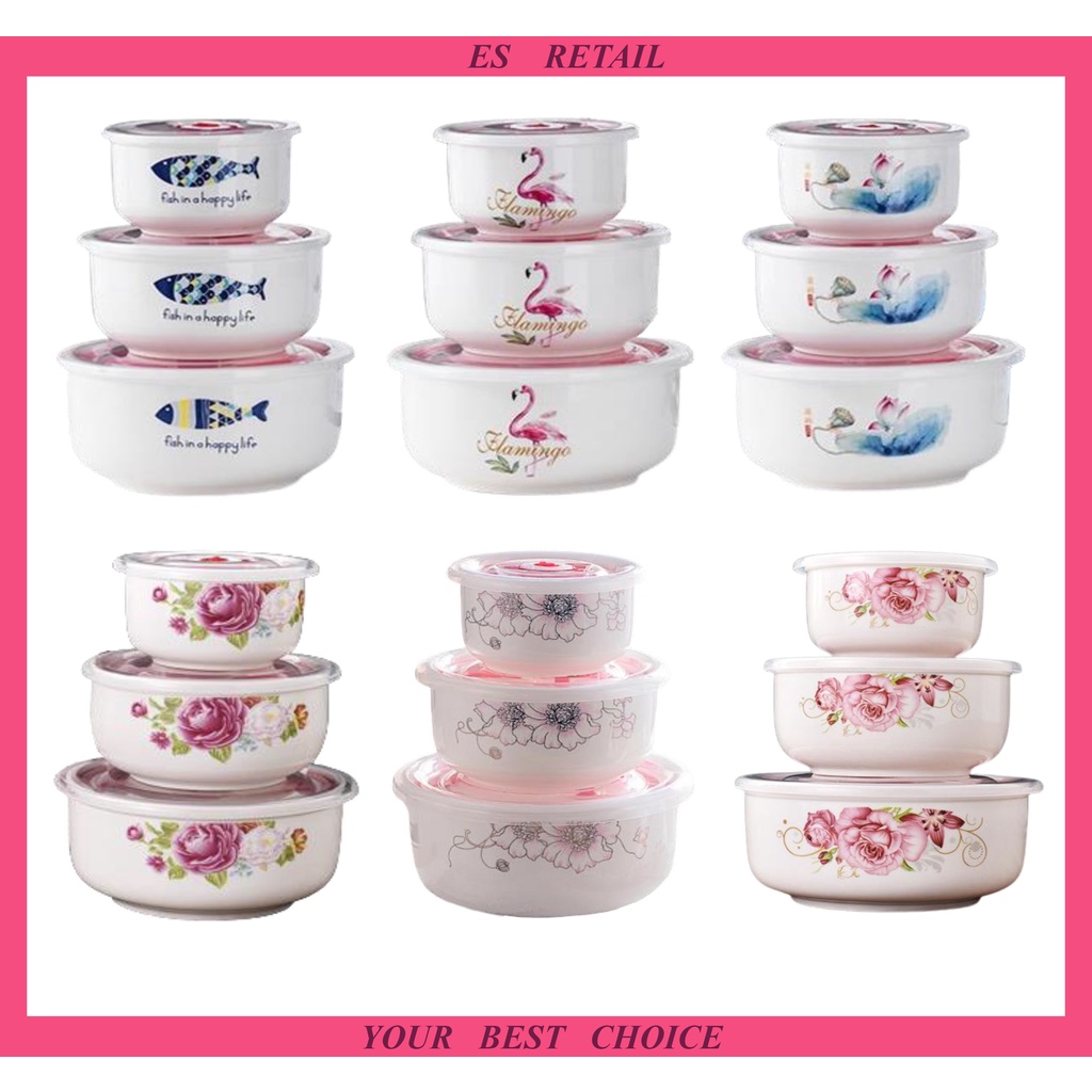 3 pcs airtight ceramic bowl lid Porcelain bowl Bowl set Food storage