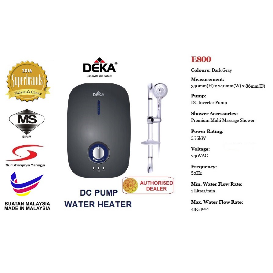 Water Heater Deka E800 (Dark Grey) with DC Pump (Low Noise) | Shopee  Malaysia