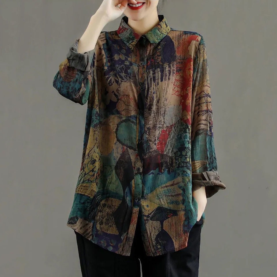 🍄Ready Stock⚡Immediate🍄M-4XL Vintage Painted Cotton Long Sleeve Blouse Bunga Floral Labuh Murah Muslimah Women Tops Loose All-Matching Slimming Korean Style Plus Size Shirt Clothes Women Baju Kemeja Perempuan Blause Wanita
