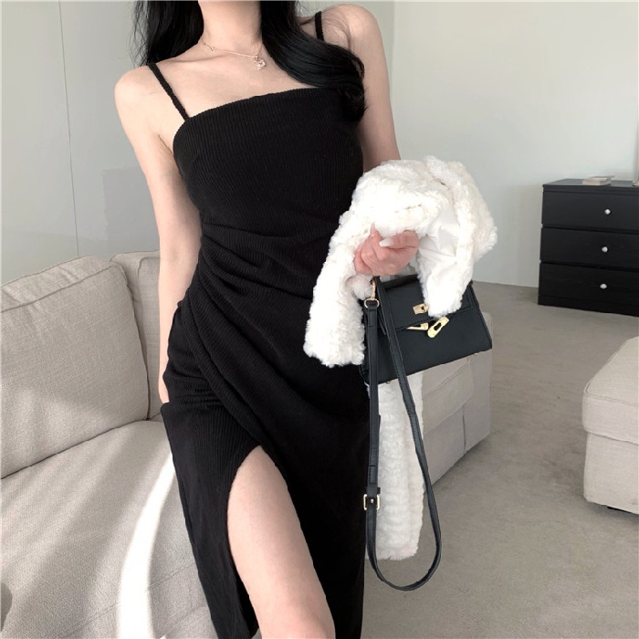 Korean Solid Color Sling High Waist Split Dress New Women's Pleated ...