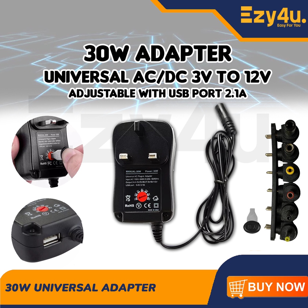 30W Universal Adapter Power Supply With Usb Port 3V to 12V Adjustable