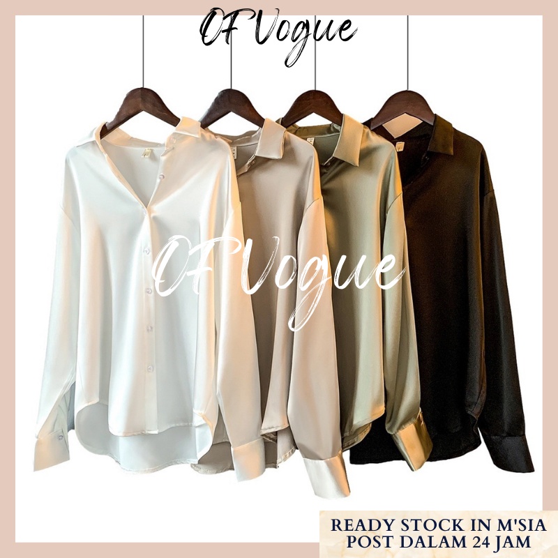 Ofvogue Women Blouse Satin Blouse Plus Size Long Sleeve Loose Blouse