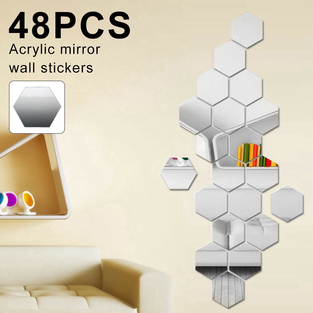 48pcs/lot Acrylic Mirror Effect Tile Wall Sticker Room Decor Stick On