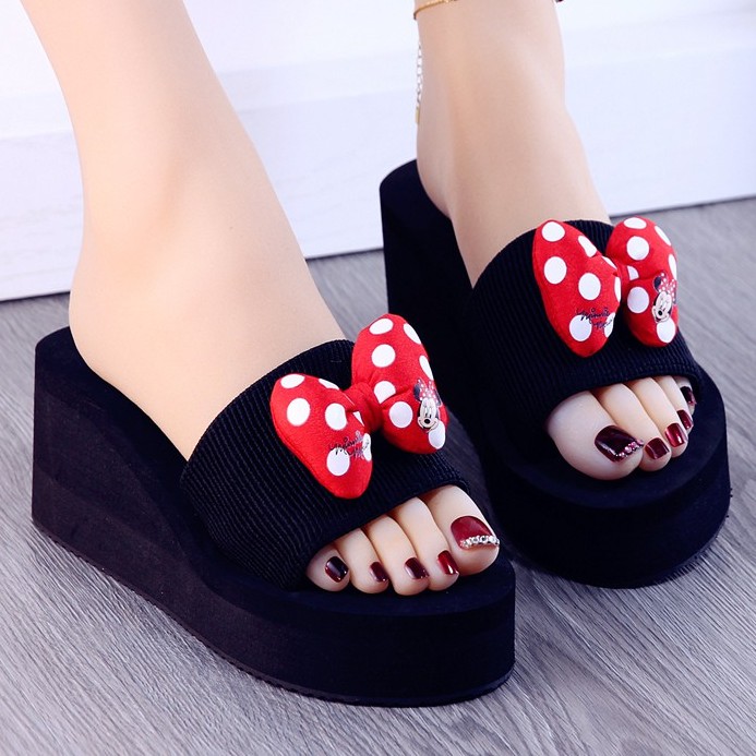 MANXIXI Beautiful Inches Wedge Sandals Mickey Mouse Bow Inlay Rubber  Sole Sturdy Slippers For Women (Size 34-39)