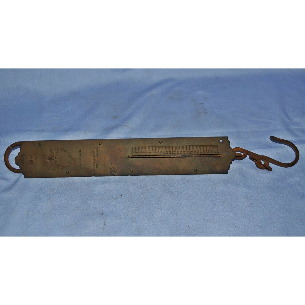 VINTAGE ANTIQUE SALTER'S ENGLAND HAND HELD BRASS/IRON WEIGHING SCALE