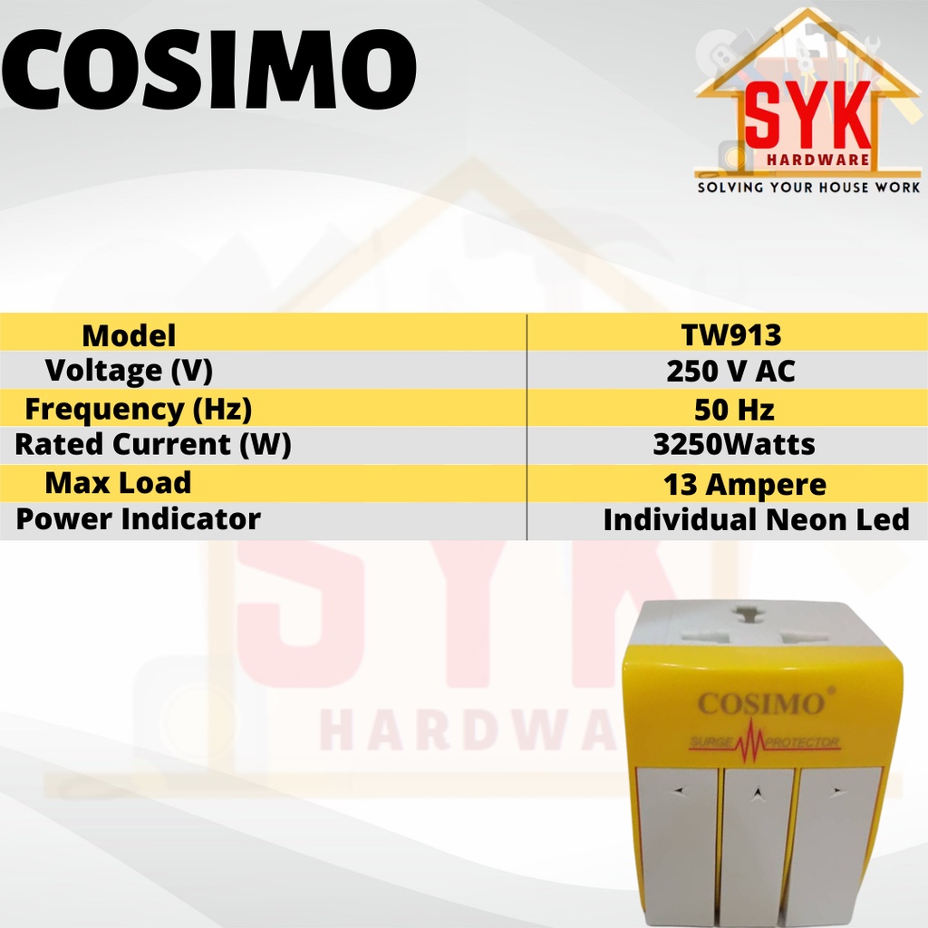 SYK COSIMO TW913 3250W 3Way Multi Adaptor With Switch Neon Led Surge ...