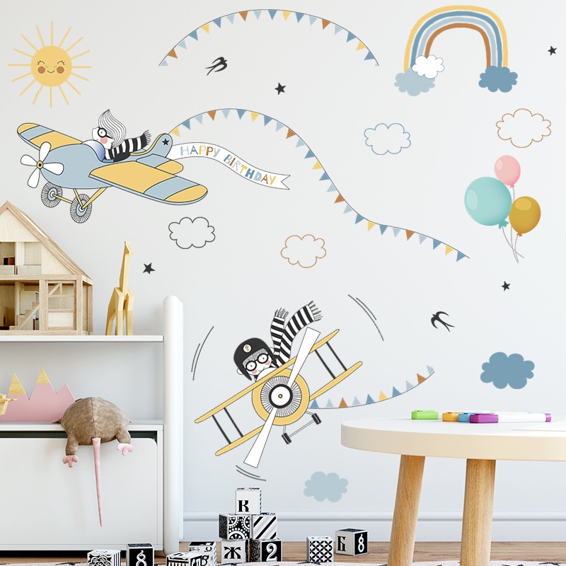 Cartoon Airplane Streamer Rainbow Clouds Children's Room Kindergarten ...