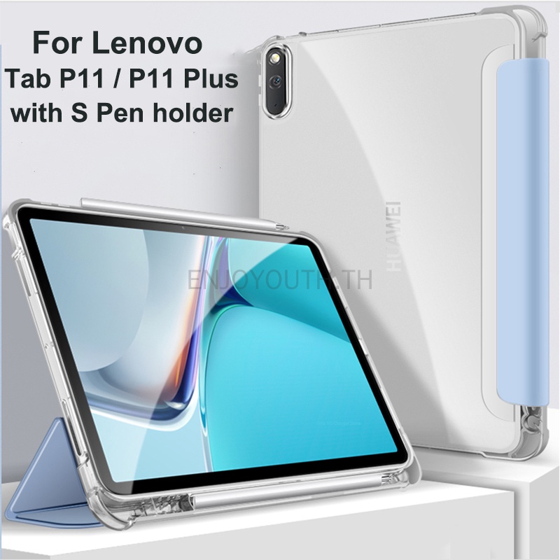 Lenovo Tab P11 / P11 Plus Flip Case Cover with Pen Holder Model TB-J606F  J616F Stand Braket Matt Transparent Soft TPU Protective Case