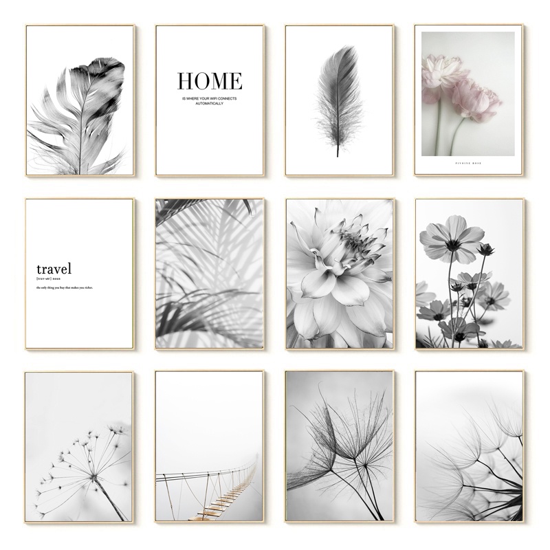 Nordic black and white floral poster fresh wall art print feather ...