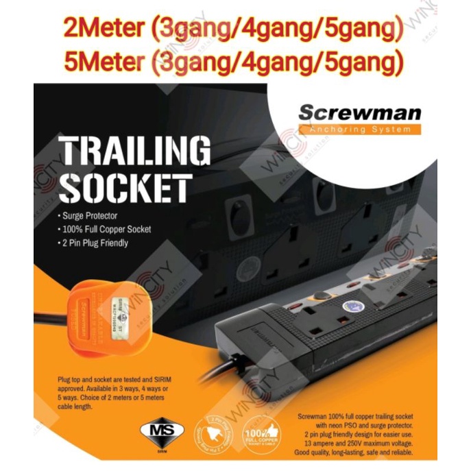 WSS Screwman 13A Heavy Duty Trailing Socket Extension Socket 2 Meter/5 ...