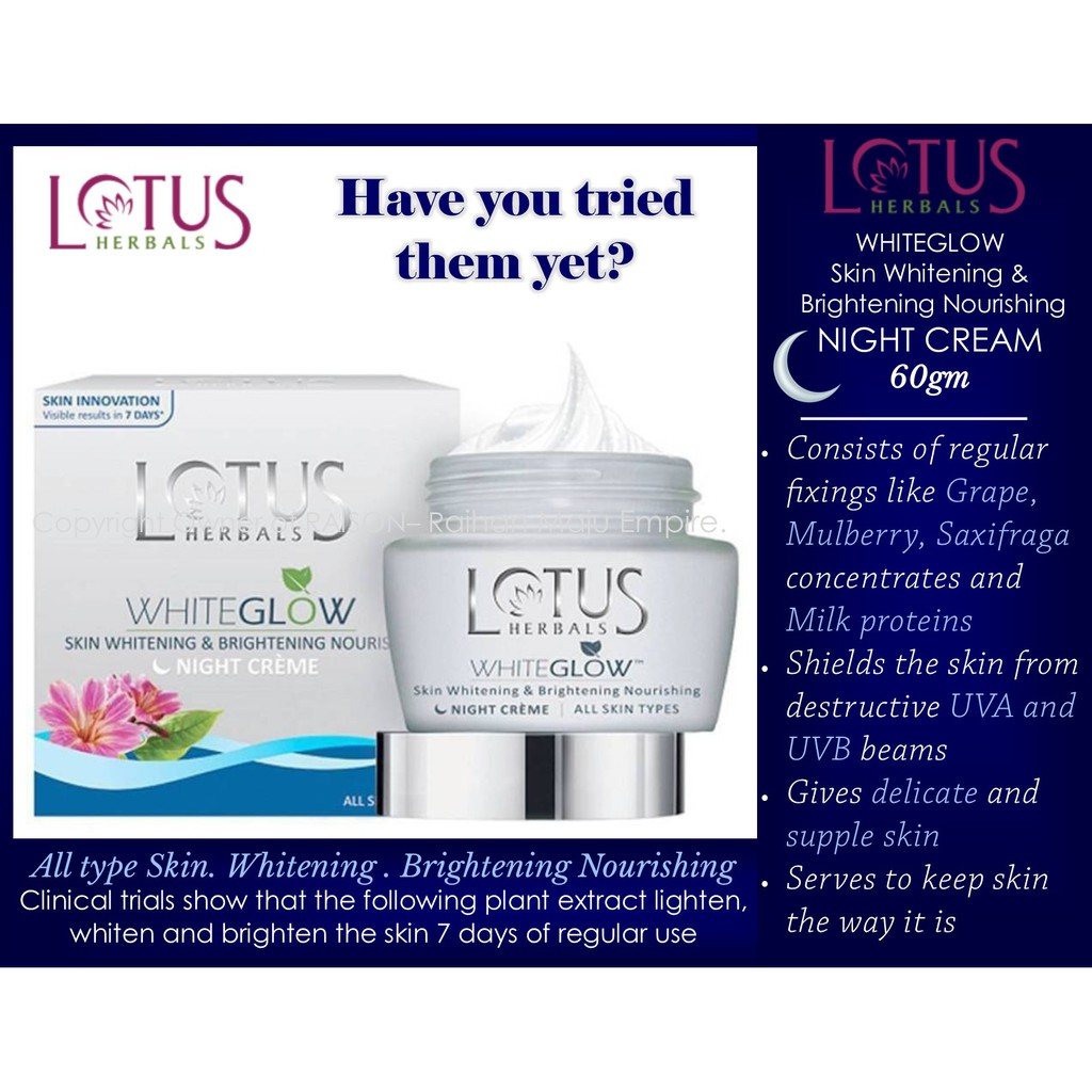 LOTUS HERBAL WHITEGLOW Skin Whitening Nourishing NIGHT CREAM 60gm