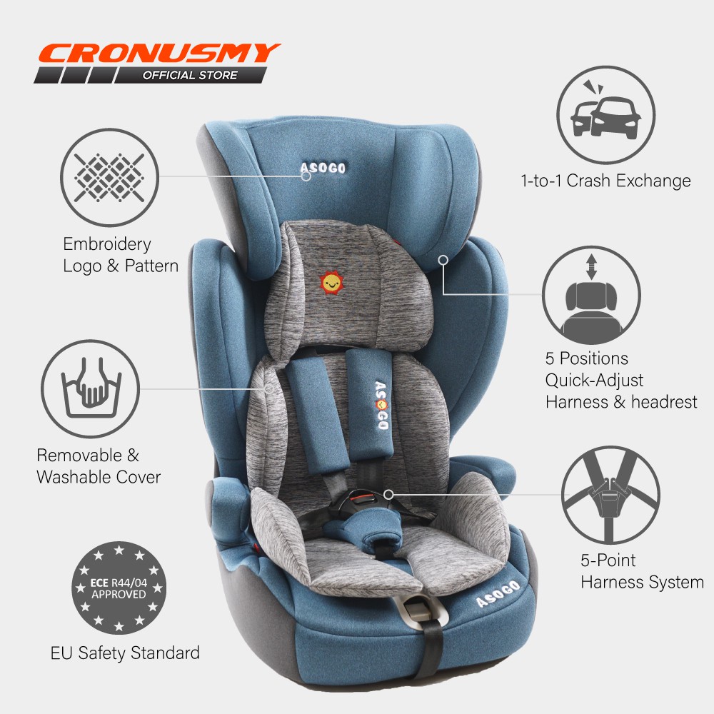 Asogo Junior Maxi Highback Booster Car Seat (9 mths 12 Years Old) ECE