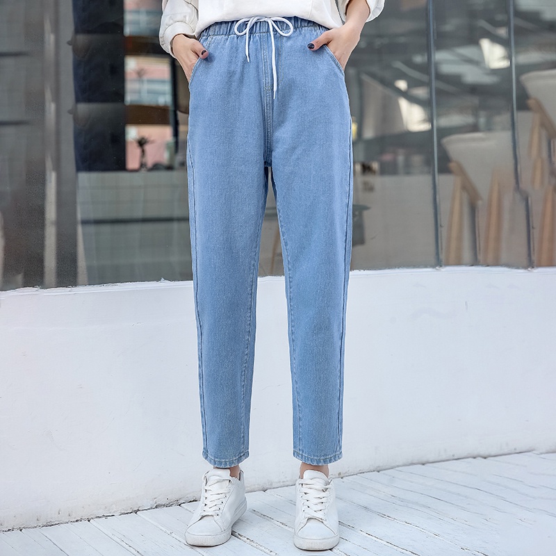 Jeans Women's Harem Pencil Pants Elastic Waist Straight Seluar Jeans ...