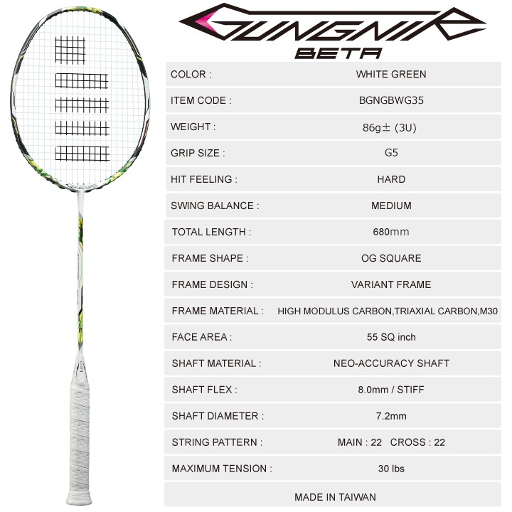 Gosen Gungnir Beta Made In Taiwan High End 100% Original Badminton Racket