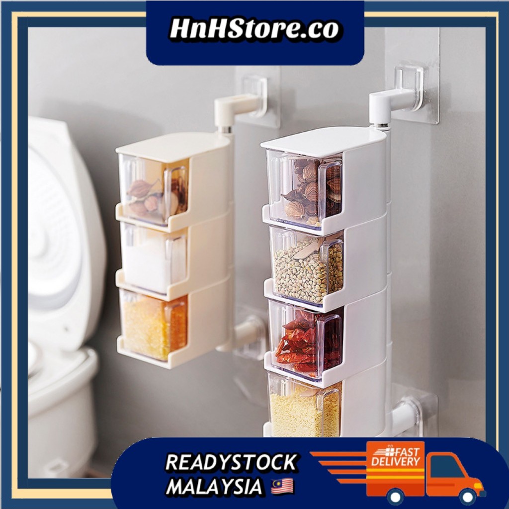 (🇲🇾READY STOCK)3/4Layer Wall Mount Seasoning Box Rotatable Seasoning ...