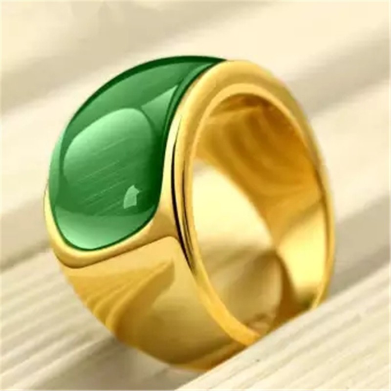 18K Gold Plated Men 316L Stainless Steel Green Jade Ring Male High