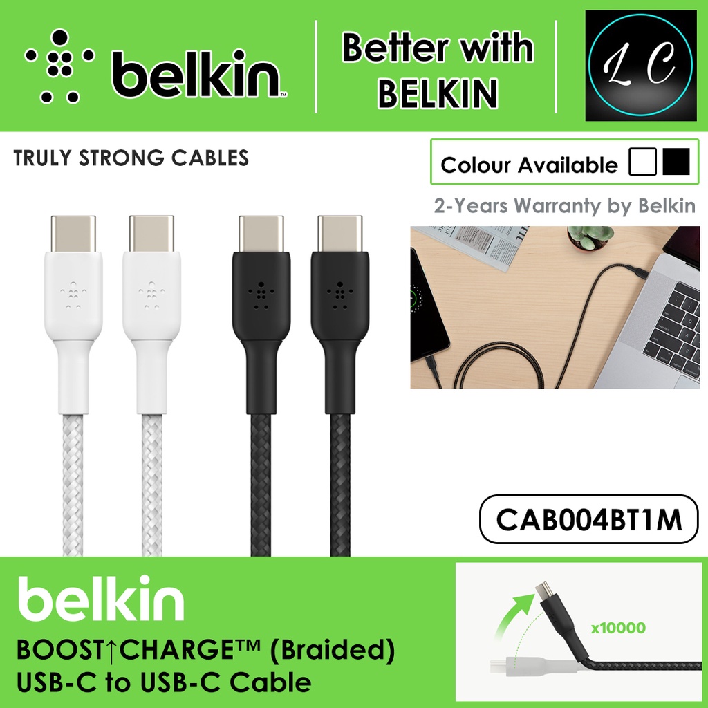 Belkin CAB004bt BoostCharge Braided USB-C to USB-C Cable CAB004bt1MBK PD18W  (Black - 1M) CAB004bt1MWH PD18W (White - 1M)