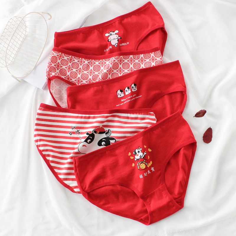 BPONLINE CNY 2021 Natal Year Lucky Red panties Women Panties Red Cotton Cow  Mid Waist Underpants Breathable Briefs Ladies Underwear