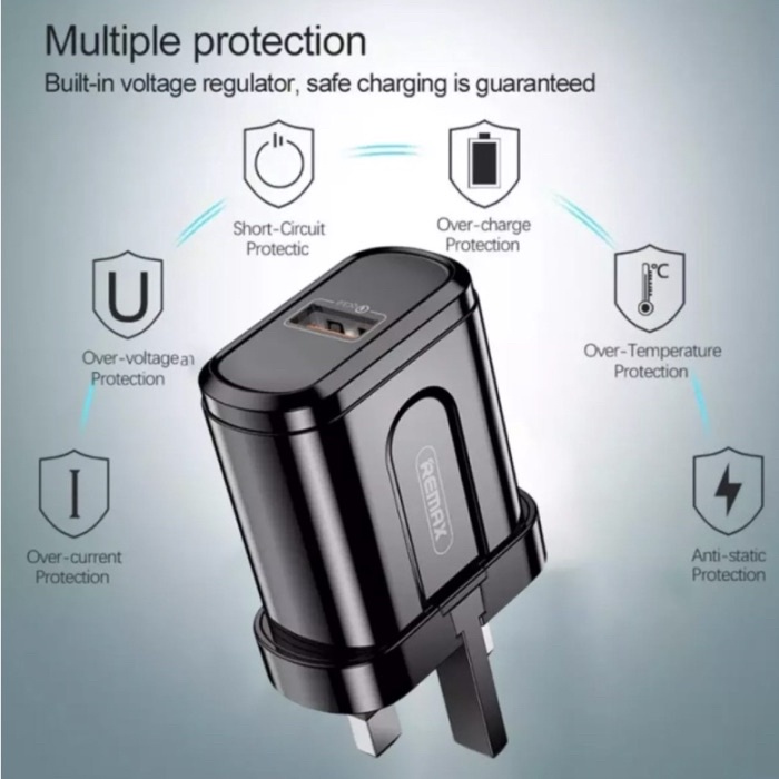 Remax 3.0A UK 3 Pin Plug Quick Fast Charging Power Adapter Wall Socket ...