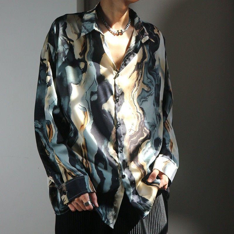 Shirt Hong Kong Style Silk Satin Floral Shirt Men's Handsome Smooth