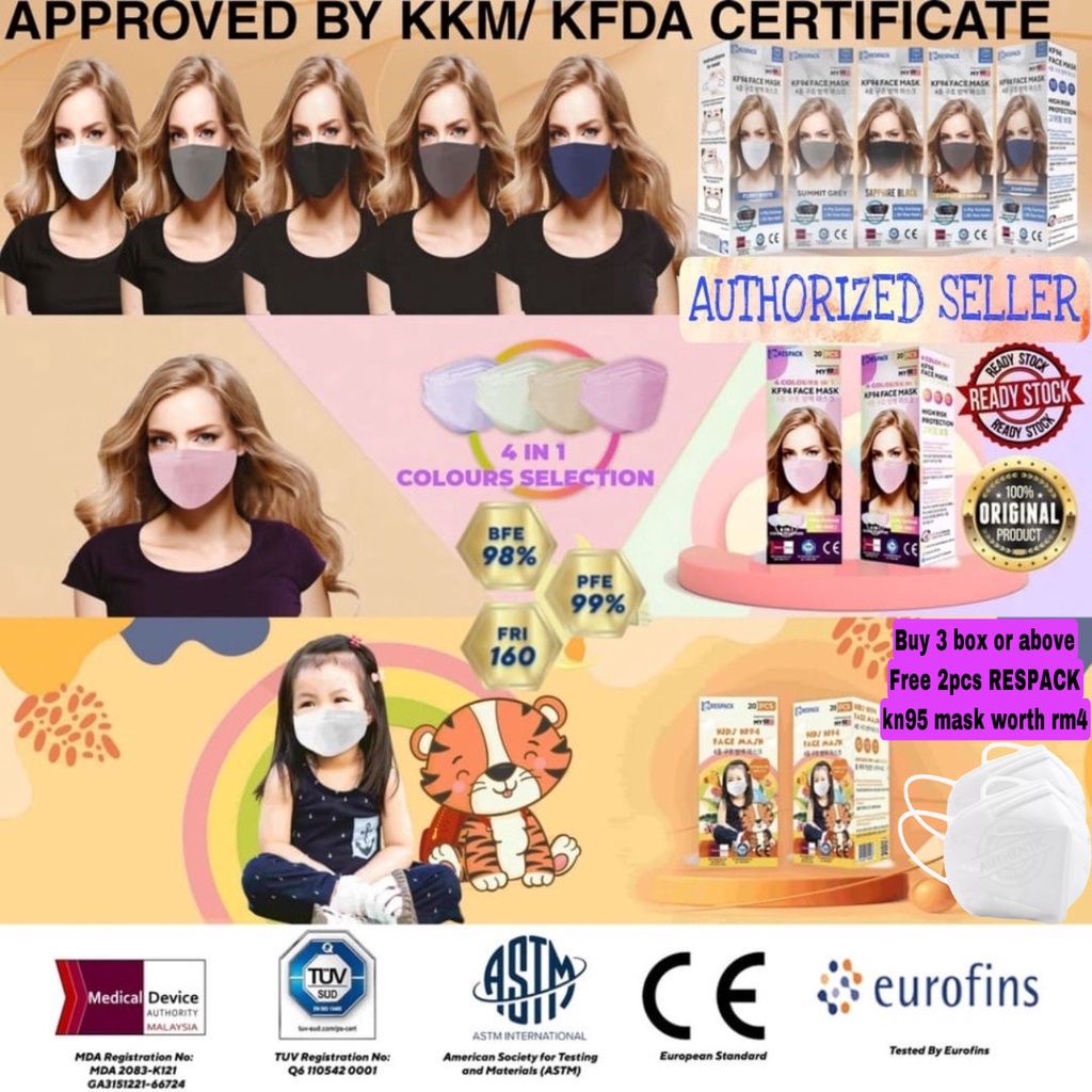 Respack KF94 Face Mask Approved by KKM Malaysia Adults & Kids 4ply