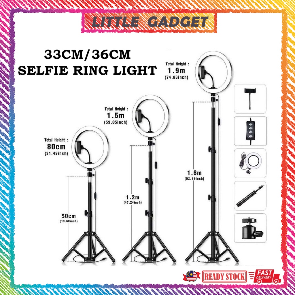 33cm & 36cm RingLight Selfie Stand LED Dimmable Fill Light 2.1M Tripod ...