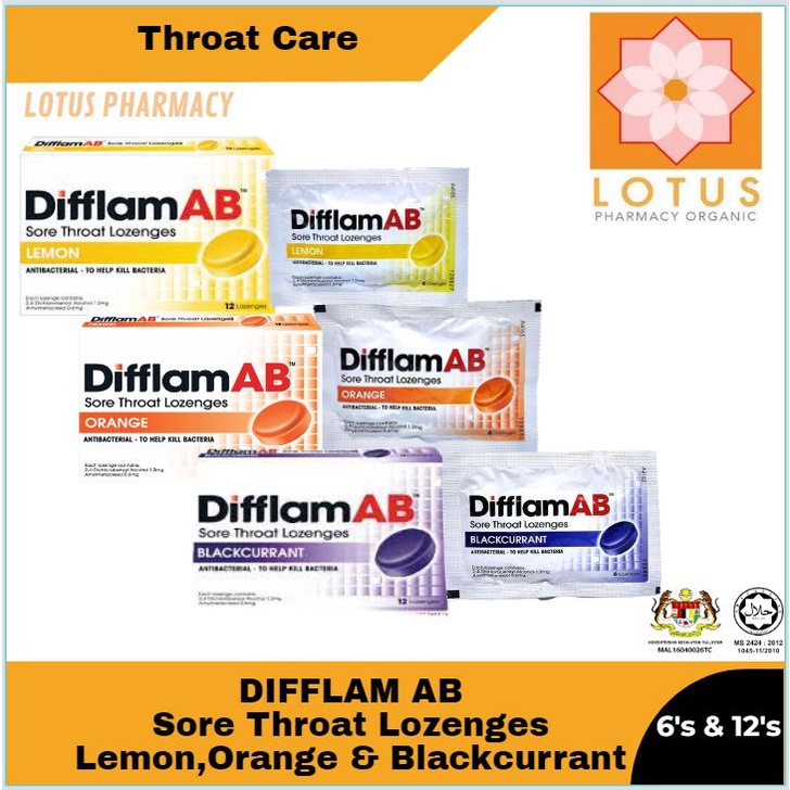 DIFFLAM AB SORE THROAT LOZENGES - LEMON | ORANGE | BLACKCURRANT ...