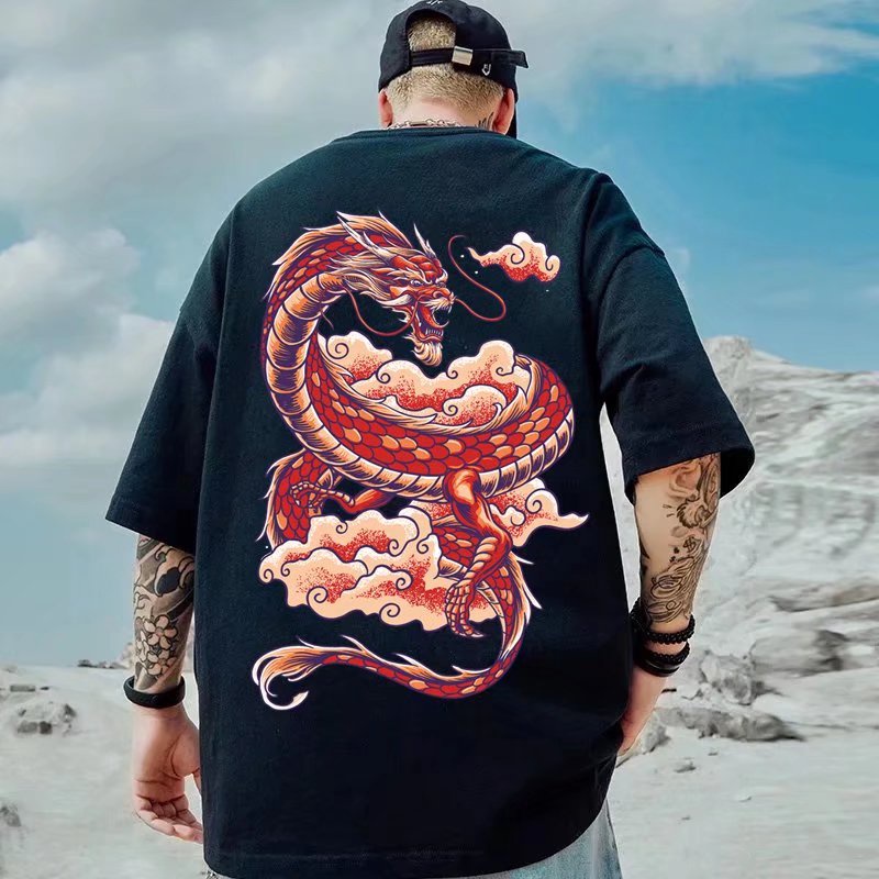 M-8xl National Trendy Unique Chinese Dragon Print Round Neck Short ...