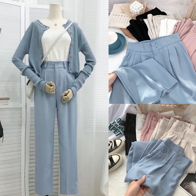 (Free Gift) Women Casual Pants Straight Nine-point Suit Pants Korean ...