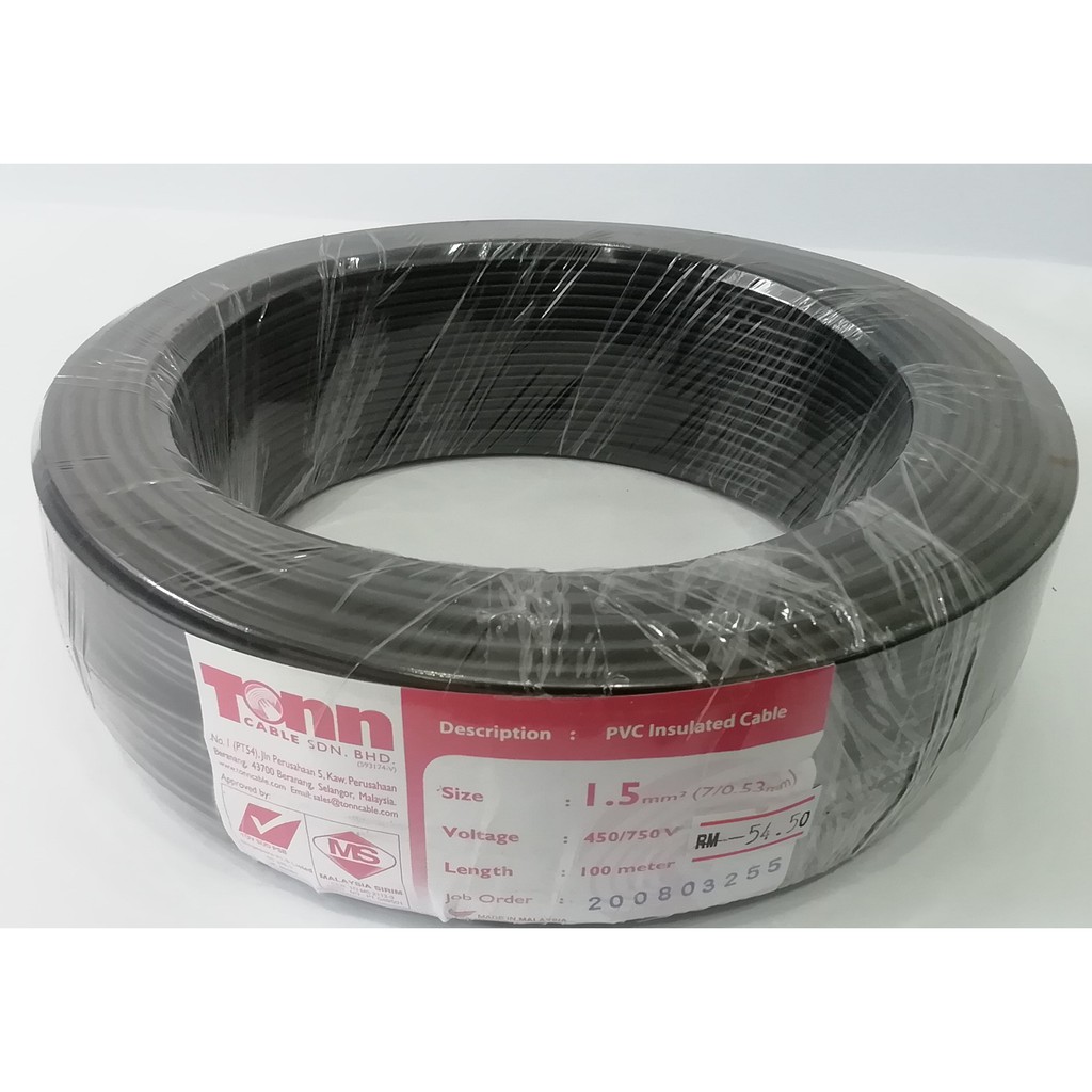 Tonn Cable copper cable 1.5mm Black 100 meter PVC insulated sirim approved like mega cable