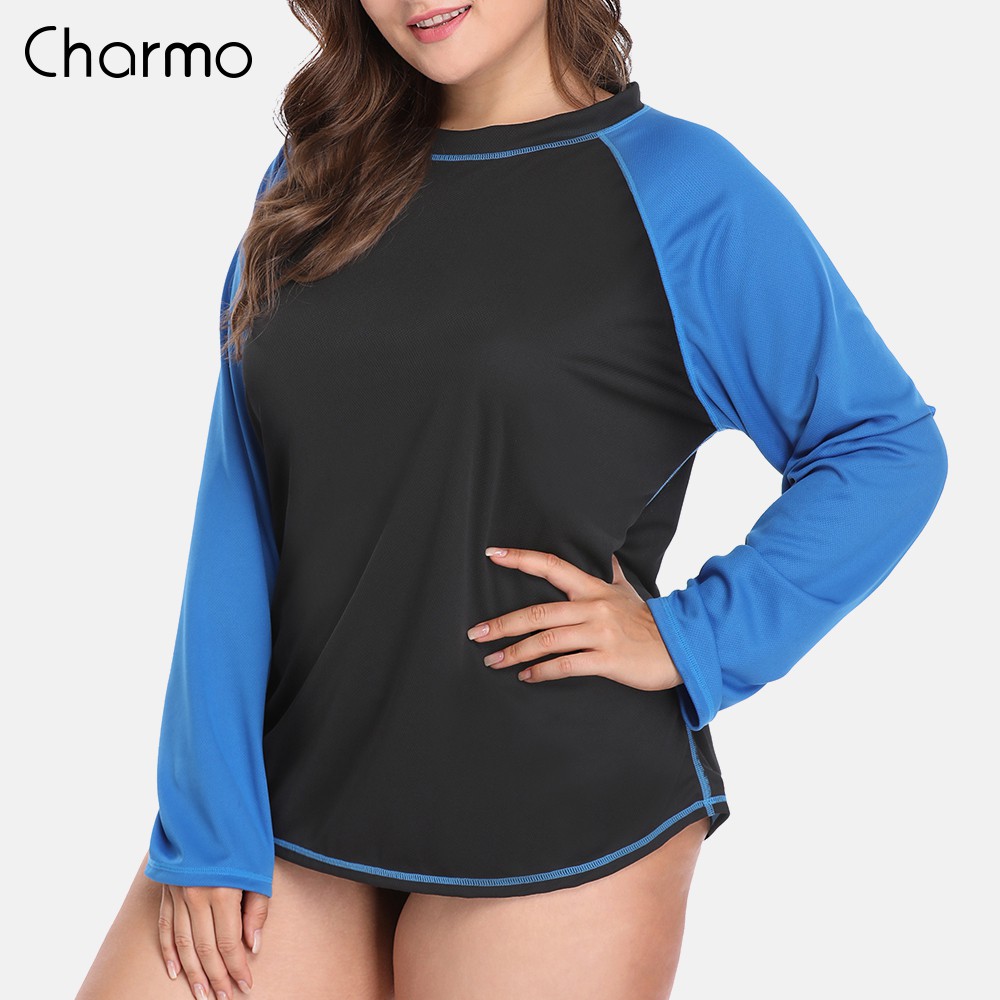 Charmo Women Plus Size Rashguard Top UV-Protection Dry-Fit Shirt Colorblock  Beach Wear Top UPF 50+ Baju Long SleeveT Shirt