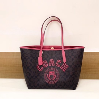 Coach City Tote In Signature Canvas With Varsity Motif