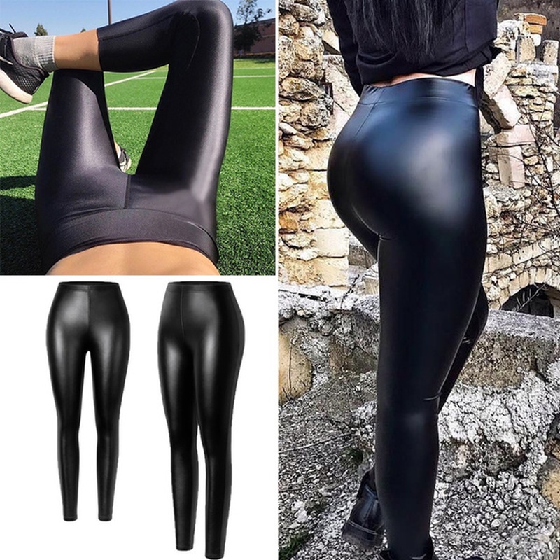 Women Faux Leather Shiny Leggings Pants Stretchy High Waist Push