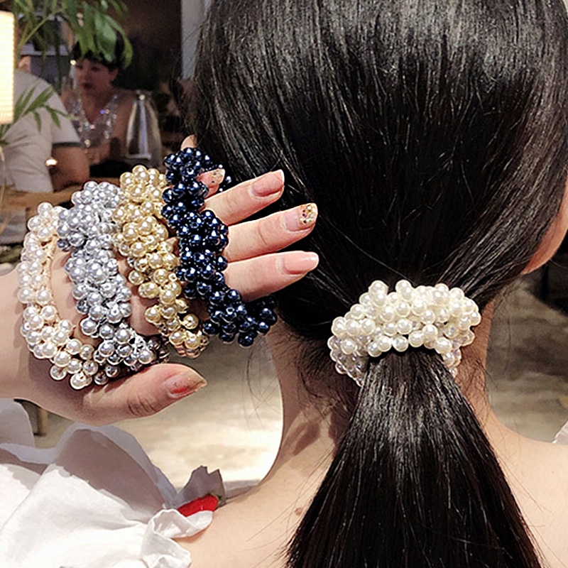 Fashion Rope Scrunchie Ponytail Holder Faux Pearl Beads Elastic Hair