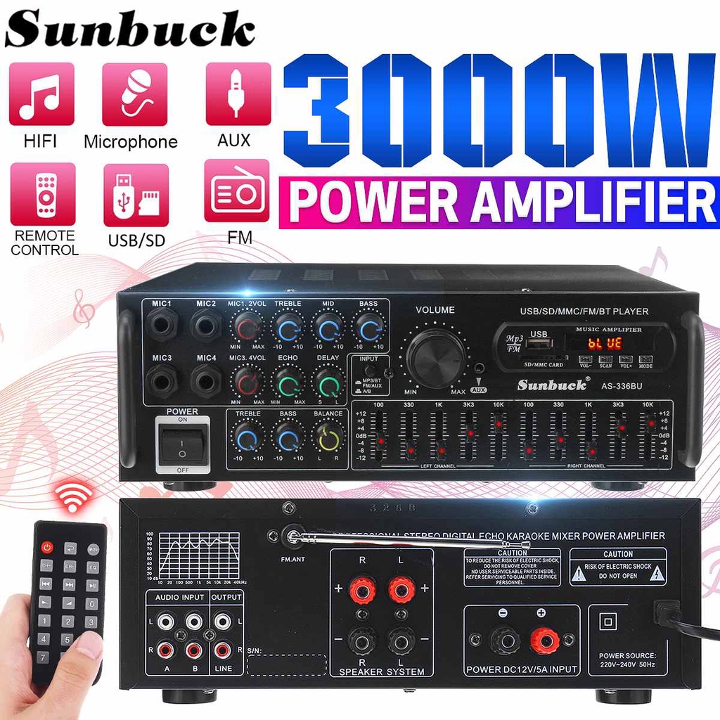 3000W Bluetooth Stereo Amplifier, Surround Sound, USB SD, FM Amplifier