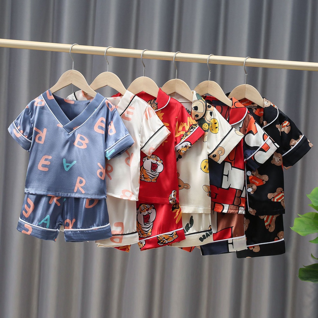 Boy Girl Pajamas Set Summer Baby Cute Soft Sleepwear Silk Satin Short