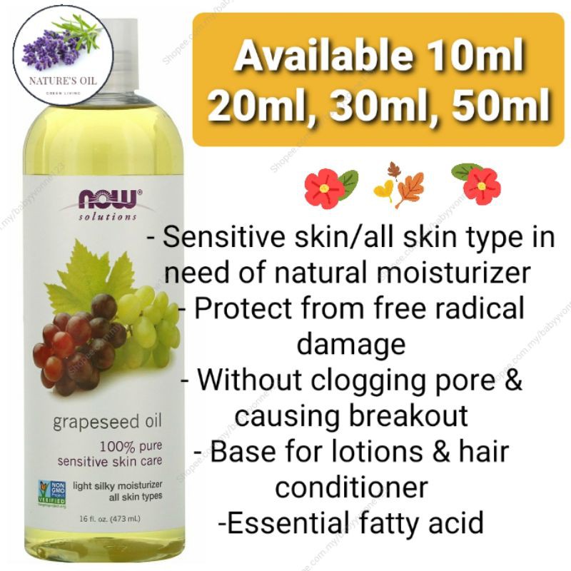 Now foods, Grapeseed Oil full size 118ml or repack 10ml 20ml 30ml 50ml