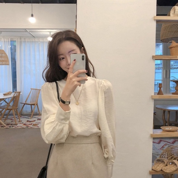 Women Blouse Long Sleeve Solid Color Round Neck Puff Sleeve is Loose ...