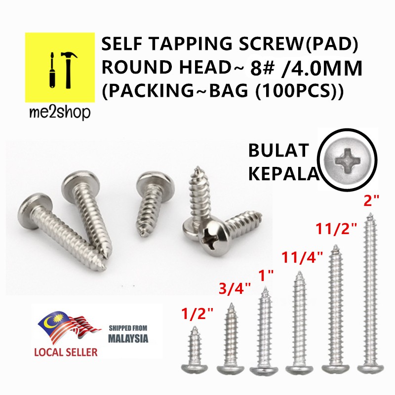 (100PCS) 8# / M4.0 SELF TAPPING SCREW COMBINED PAN/ROUND HEAD / TAJAM ...
