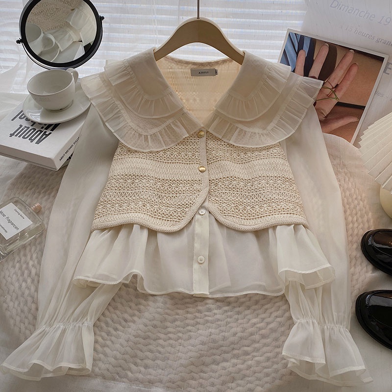 Korean Style Women Ladies Loose Ruffle Long Sleeve Shirt Blouse Baju ...