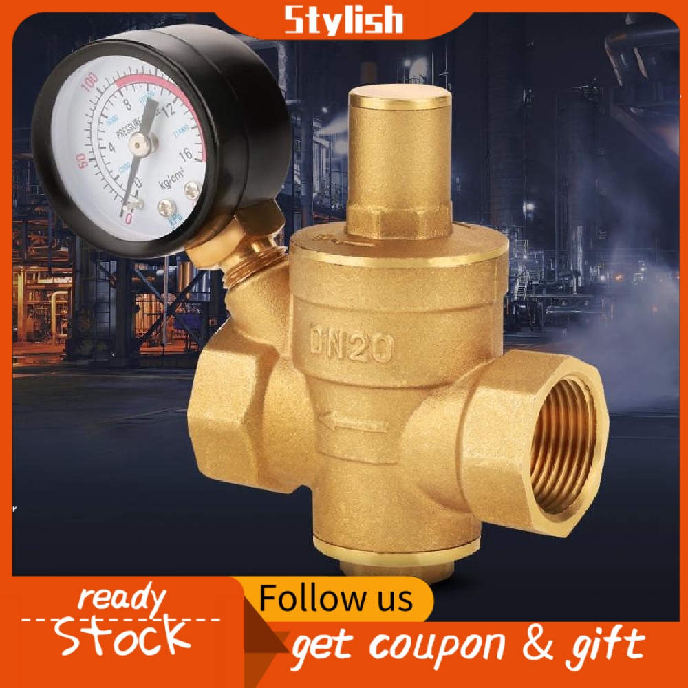 DN20 Brass Adjustable Water Pressure Regulator Reducer with Gauge Meter ...