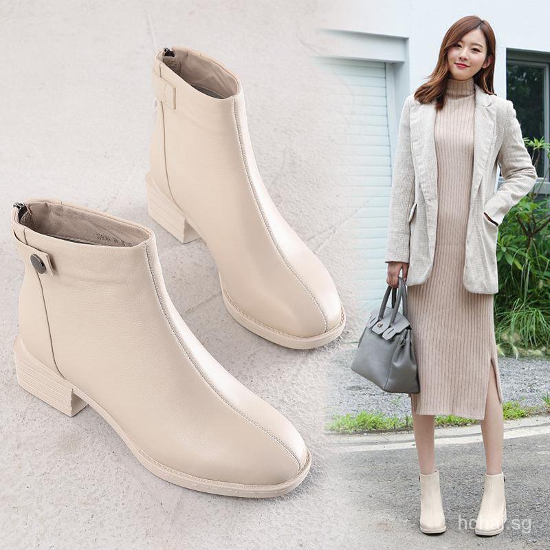 2021Autumn New Retro Soft Leather Chunky Heel Martin Boots Riveted
