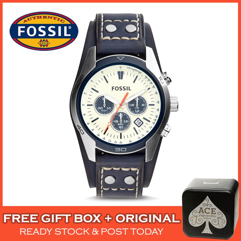 Original Fossil CH3051 Coachman Chronograph White Dial Blue Leather Men Watch Jam Tangan Lelaki