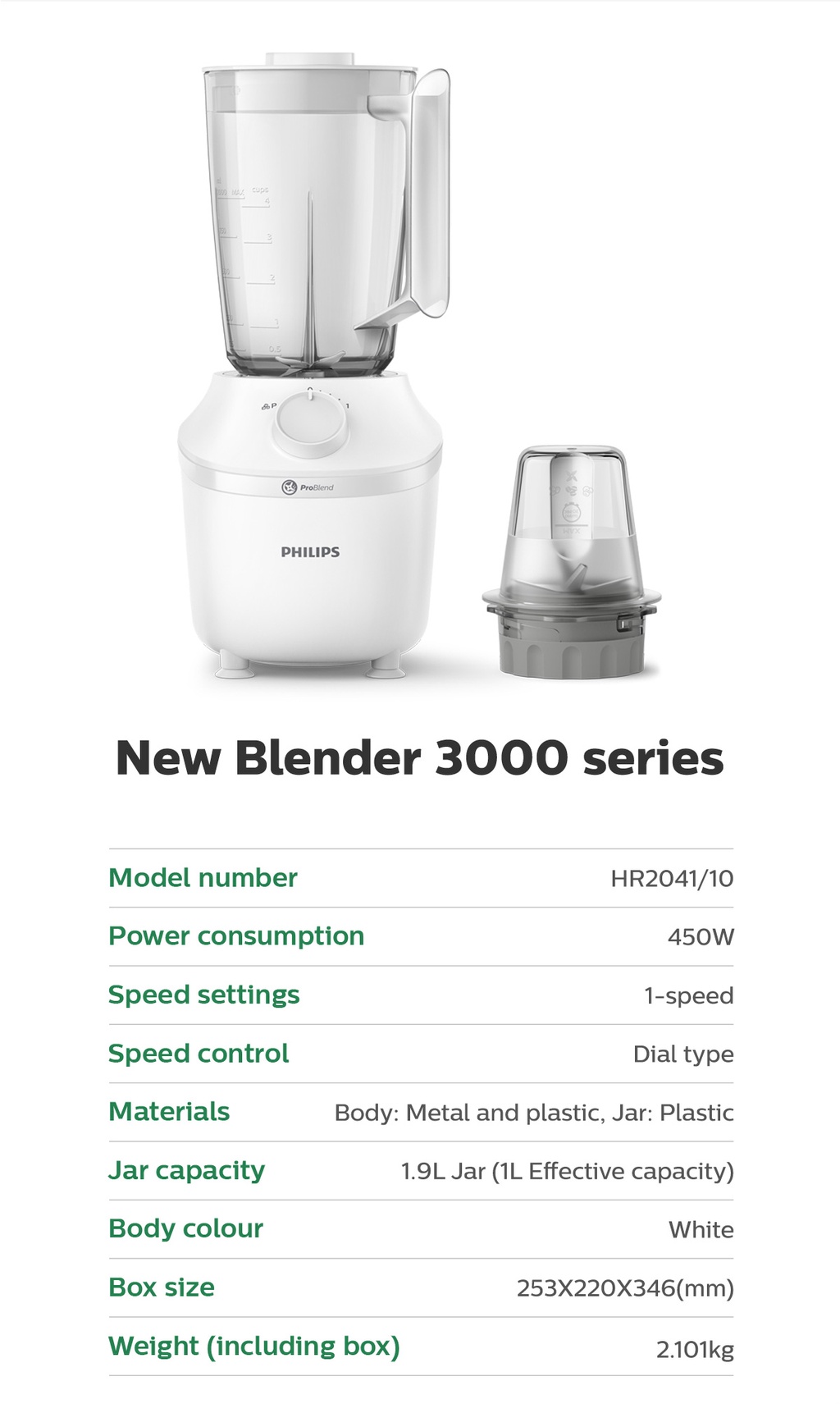 Philips Blender (450w/1L) HR2041/10 - White