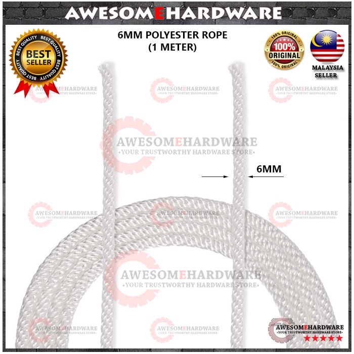 (1 METER) 6MM POLYESTER ROPE WHITE BRAIDED ROPE STRING ENGINE STRING ...